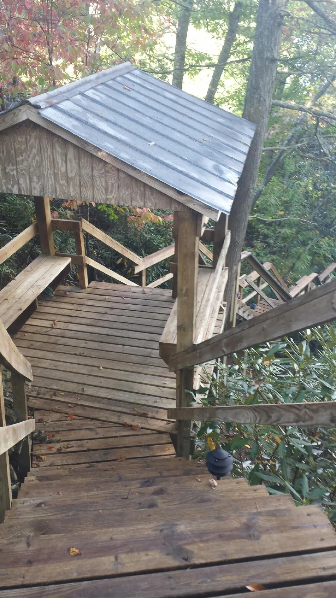 Metal roofed shelter over wooden steps on a wooded walkway — Skylight Repair & Installation work by our crew in Cassville